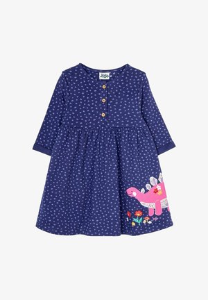 Marineblaules Langarmkleid mit hellen Pünktchen, versehen mit einem Applikation eines pinken Dinosauriers und floralem Stickmuster. Enthält Holzknopf-Details.