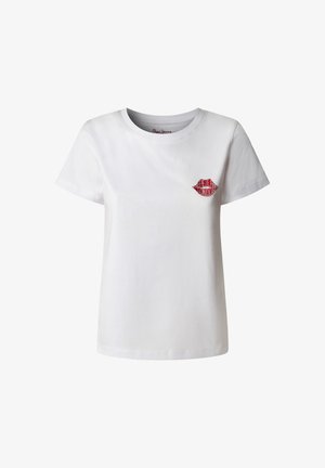 Biela tričko s krátkym rukávom s grafickým motívom červených pier na ľavej hrudi, obsahujúce text "Pepe Jeans London."