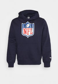Námořnická modrá mikina vyrobená z bavlněné směsi, s logem NFL v červené a bílé, přední kapsou, kapucí na šňůrku a žebrovanými manžetami.