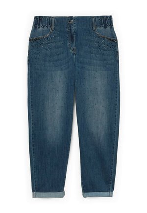 Vaqueros azul denim de corte entallado con cintura elástica, bajos remangados, bolsillos delanteros y pequeños adornos de cristales dispersos.