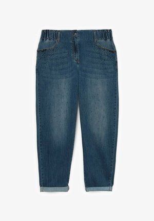 Blauwe denim spijkerbroek met taps toelopende pijpen, elastische taille, opgerolde pijpen, voorzakken en verspreide kleine rhinestone versieringen.