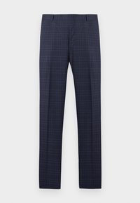 Σκούρα μπλε παντελόνια με διακριτικό φωτεινό μπλε καρό μοτίβο, θηλιές για ζώνη και λεπτομέρειες με πρεσάρισμα μπροστά.