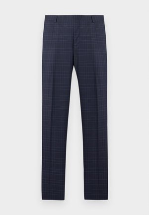 Σκούρα μπλε παντελόνια με διακριτικό φωτεινό μπλε καρό μοτίβο, θηλιές για ζώνη και λεπτομέρειες με πρεσάρισμα μπροστά.
