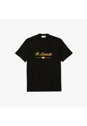 Black short-sleeve t-shirt with yellow "R.Lacoste" text and crocodile logo centered on the chest, round neckline.
