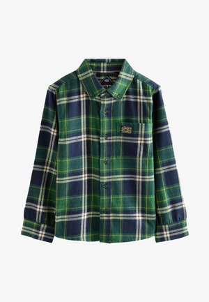 Grünes und marineblaues karo Kariertes Flanellhemd mit durchgehender Knopfleiste, einer Brusttasche und einem Logopatch. Weiche Textur mit langen Ärmeln.