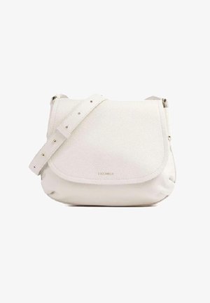 Borsa a tracolla in pelle bianca con tracolla regolabile e chiusura con patta, piccolo logo dorato del marchio al centro sul davanti.