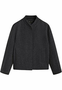 Veste en mélange de laine gris fonc é avec un col rond, des épaules tombantes et deux poches latérales. Tissu texturé au design minimaliste.