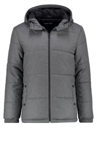 Grå polstret jakke med lynlås foran, aftagelig hætte og elastiske manchetter. Har to lommer med trykknapper og en tekstureret stoffinish.