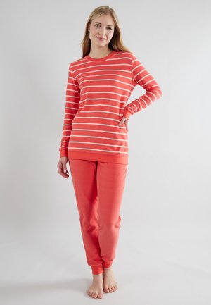 Coral striped long-sleeve top with white horizontal stripes and matching coral jogger pants. Soft fabric with ribbed cuffs and waistband.