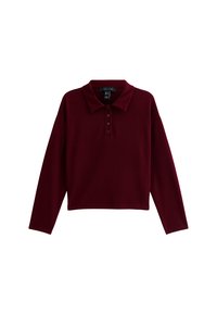 Polo a maniche lunghe color bordeaux realizzato in tessuto morbido, con colletto e pattini a tre bottoni, con orlo accorciato.