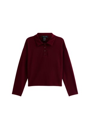 Bordeaux lange mouwen polo-shirt van zachte stof, met een kraag en een knoopsluiting met drie knopen, en een afgeknipte zoom.