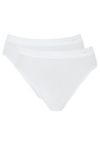 Two pairs of white cotton briefs featuring a smooth texture and classical brief design. Simple elastic waistband with minimal branding.