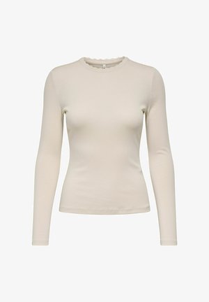 Beige langarmpoloshirt gemaakt van zacht katoen met een ronde halslijn met een gegolfde rand en een aangesloten ontwerp, minimaal textuur.