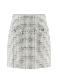 Witte tweed rok met een gestructureerd patroon, voorzien van twee voorzakken en zilveren knoopdetails. Eenvoudige, rechte snit.