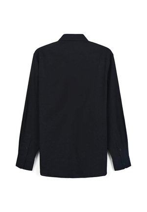 Camicia nera a maniche lunghe con colletto classico, polsini con bottoni e orlo dritto, caratterizzata da una texture liscia e tessuto leggero.