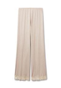 Lichtbeige wijde broek gemaakt van zachte stof, met een kantafwerking aan de onderkant. Elastische tailleband voor comfort.