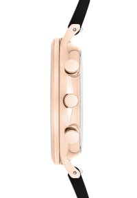 Orologio in metallo rosa con finitura lucida, cassa rotonda, tre pulsanti e cinturino in pelle nera. La vista laterale mette in evidenza gli elementi di design.