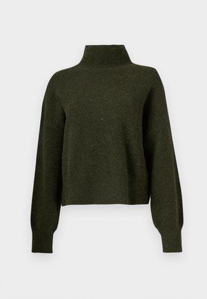 Maglione corto verde oliva con collo alto e maniche lunghe e larghe. Realizzato in materiale morbido con una leggera consistenza morbida.