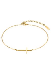 Guldtonet armbånd med et minimalistisk korsdesign på en kæde. Teksturen er glat og poleret, med en løbetangs-lukning.