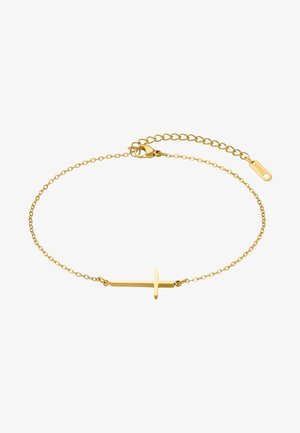 Armband in Goldtönen mit einem minimalistischen Kreuzdesign auf einer Gliederkette. Die Textur ist glatt und poliert, mit einem Karabinerverschluss.