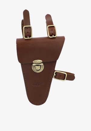 Braune Leder-Werkzeugtasche für Fahrräder auf der linken Seite mit Klappe, Metallverschluss und drei verstellbaren Riemen zur Befestigung.