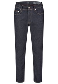 Dunkelblaue Denim-Jeans mit Slim-Fit, fünf Taschen, kontrastierenden Nähten und einem Frontknopfverschluss. Glatte Textur.