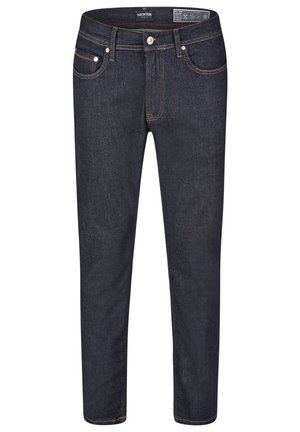 Dunkelblaue Denim-Jeans mit Slim-Fit, fünf Taschen, kontrastierenden Nähten und einem Frontknopfverschluss. Glatte Textur.