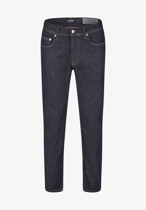 Mørkeblå denim jeans med slim fit, der har fem lommer, kontraststing og en frontlukning med knap. Glat tekstur.