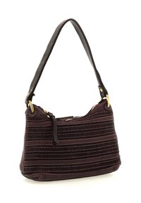 Borsa a spalla in pelle marrone scuro con strisce cucite orizzontalmente, hardware dorato e chiusura con zip dotata di un tirante in pelle.