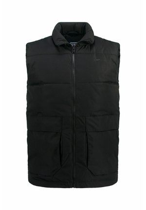 Sort puffervest med høj krave, frontlynlås og to store frontlommer. Har en quiltet tekstur og en lige snitdesign.