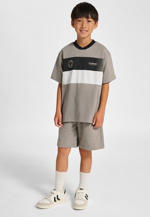 Lichtgrijs T-shirt met zwart-witte strepen, gecombineerd met bijpassende korte broek. Afgewerkt met witte sneakers met zwarte accenten.