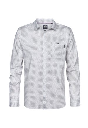 Witte overhemd met lange mouwen, voorzien van een klein blauw bloemenpatroon, een boord met knoopsluiting en een borstzak met subtiele merkdetails.