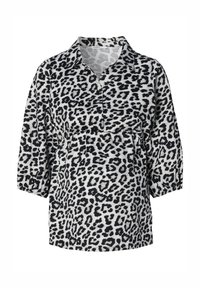 Leopardprint button-up blouse met een kraag, driekwartmouwen en een gecentreerde taille. Gemaakt van zachte, lichte stof in zwart en wit.