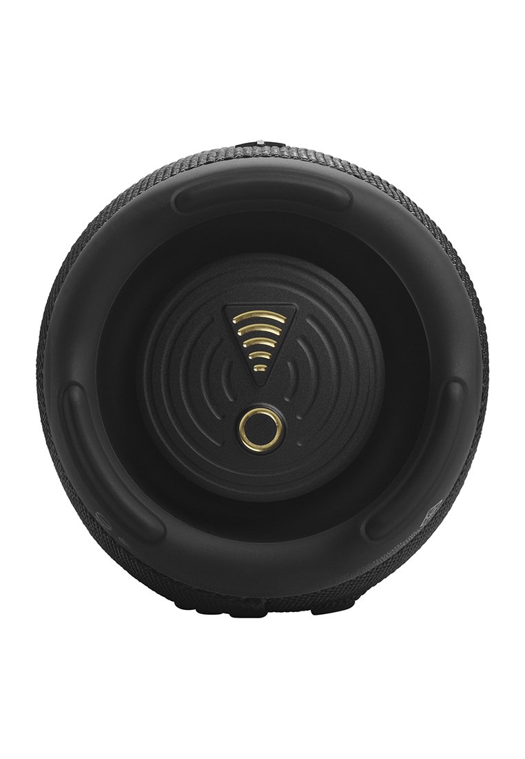 Tragbarer schwarzer Bluetooth-Lautsprecher, von vorne betrachtet, mit Sicht auf die Steuerknöpfe und das mit Stoff bezogene zylindrische Design.