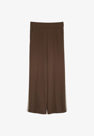 Braune weit geschnittene Hose mit Seitentaschen und vertikalen weißen Streifen entlang der äußeren Nähte, flachem Vorderteil und elastischem Bund.