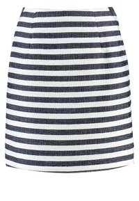 Navy ja valge triibuline mini seelik, mis on valmistatud tekstureeritud kangast, omab ülikitket siluetti ja peidetud lukku seljaosas.