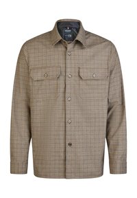 Langarm button-up shirt in een bruin en beige ruitpatroon, gemaakt van geweven stof, met twee borstzakken en een spitse kraag.