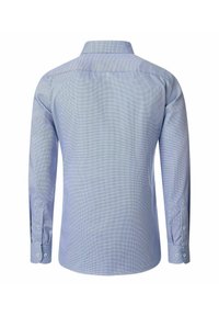 Lange mouwen shirt in lichtblauw met een geruit patroon. Heeft een klassieke kraag en knoopmanchetten, gemaakt van een gladde, geweven stof.