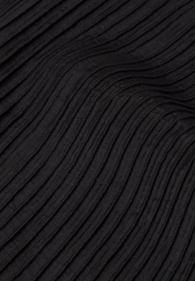 Black textured fabric featuring horizontal pleats, creating a wavy pattern. The material appears soft with a subtle sheen.