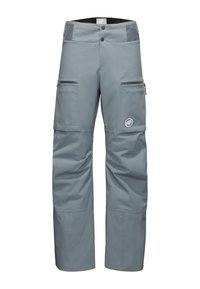 Pantalons cargo gris imperméables offrant une coupe décontractée, plusieurs poches zippées et des jambes inférieures renforcées avec un patch logo.