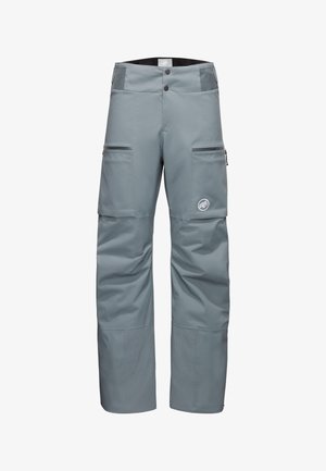 Pantalons cargo gris imperméables offrant une coupe décontractée, plusieurs poches zippées et des jambes inférieures renforcées avec un patch logo.