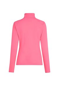 Top de manga larga rosa con cuello alto y mangas raglán. Textura suave y diseño ajustado, apto para ropa activa.