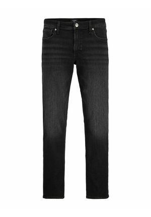 Pánské černé úzké džíny s předním knoflíkem, zipem, poutky na opasek a pěti kapsami, zobrazené na bílém pozadí.