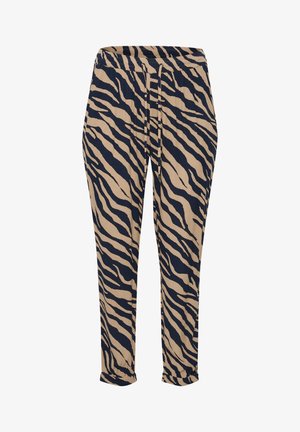 Bež jaagri trükkiga püksid tumesiniste elementidega, millel on elastne vöökoht ja kitsenevad jalad kokkutõmmatud mansettidega. Pehme kangastekstuuri.