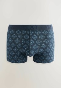 Dark blue boxer briefs featuring a diamond pattern in light blue, elastic waistband with "NEXT" branding, smooth fabric.