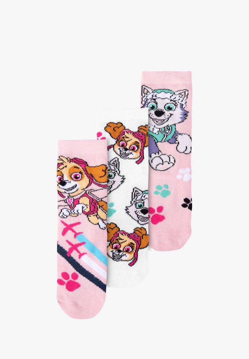 Tre paia di calze: rosa con un personaggio di cane, bianche con motivi di cani e azzurro pastello con un accento, tutte con disegni in stile cartone animato.