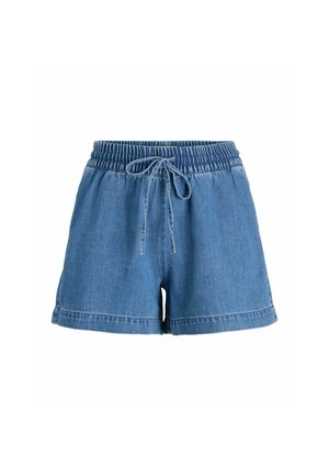 Short en denim bleu avec taille élastique et cordon à l'avant, style décontracté avec ourlet replié.