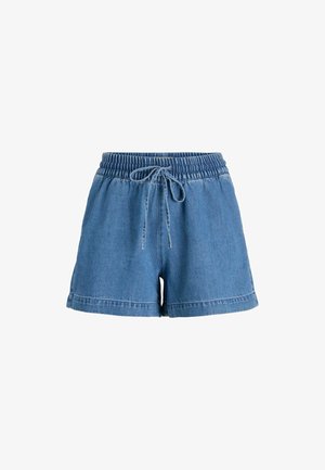 Short en denim bleu avec taille élastique et cordon à l'avant, style décontracté avec ourlet replié.