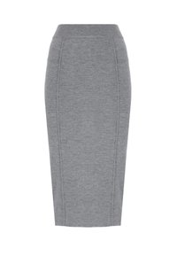 Gonna a matita grigia lavorata a maglia con un design aderente. Presenta una vita alta e dettagli con cuciture verticali lungo la parte anteriore. Texture liscia in tutto il capo.