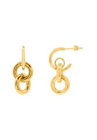 Boucles d'oreilles en or en forme de cerceau présentant des designs circulaires entrelacés avec une finition polie. Les boucles d'oreilles disposent d'une fermeture sécurisée par tige et cerceau.